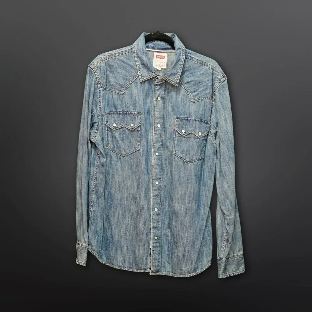 Levi's Western Pearl Snap Denim Shirt Men's Large Medium Wash Sawtooth Trucker